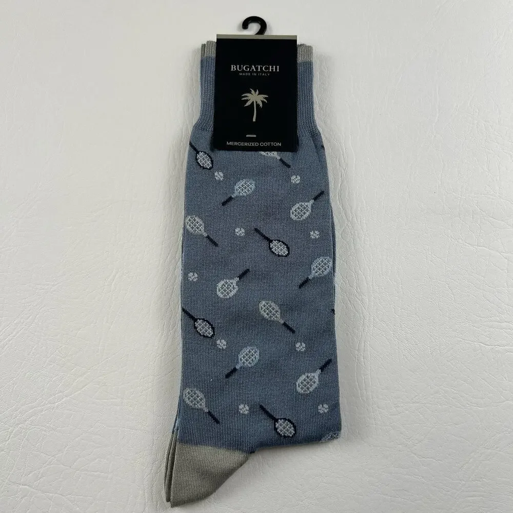Bugatchi Tennis Racket Novelty Dress Socks Mercerized Cotton Italy One Size NWT